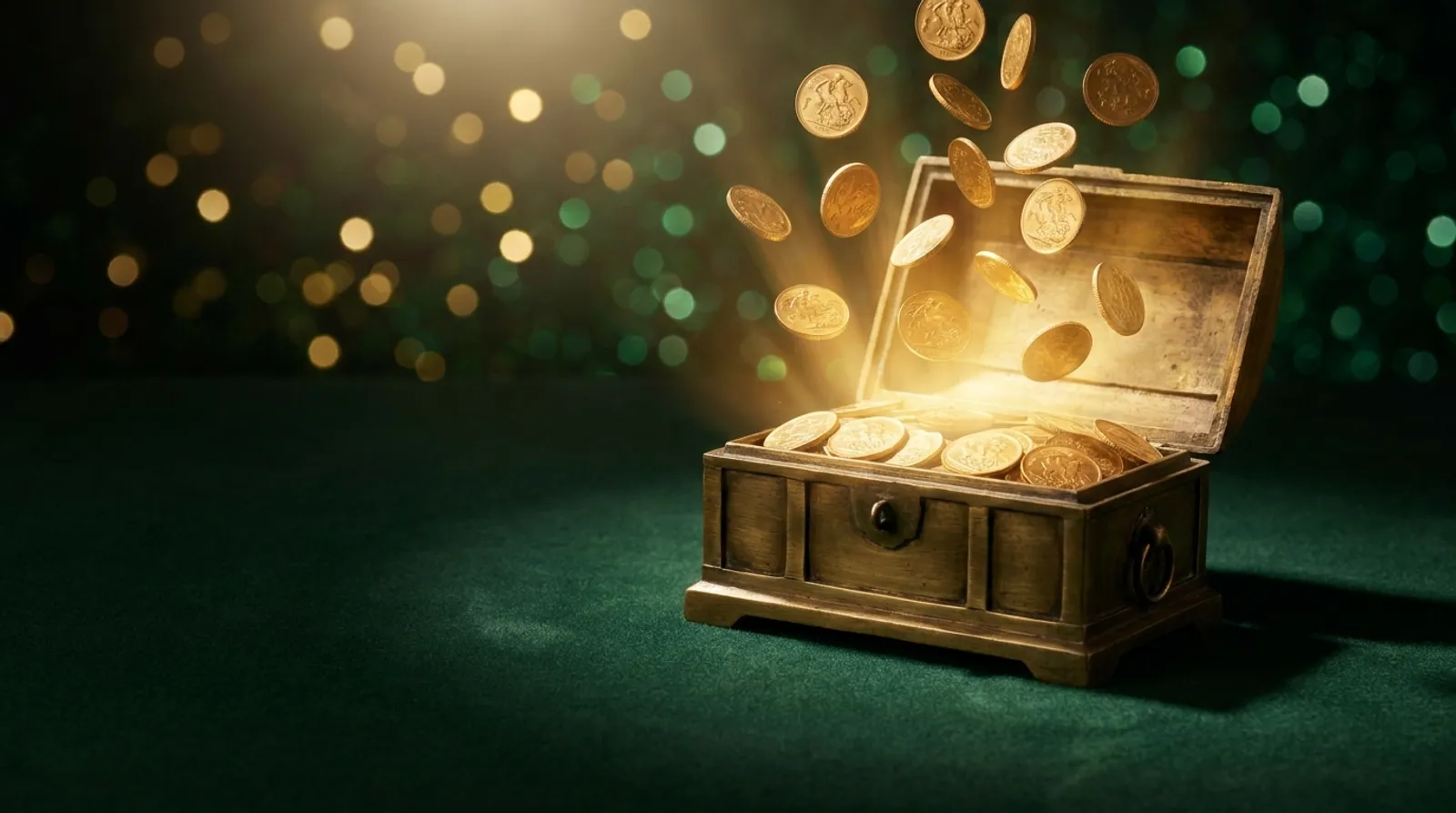Gold coins bursting out of a brass treasure chest on green felt