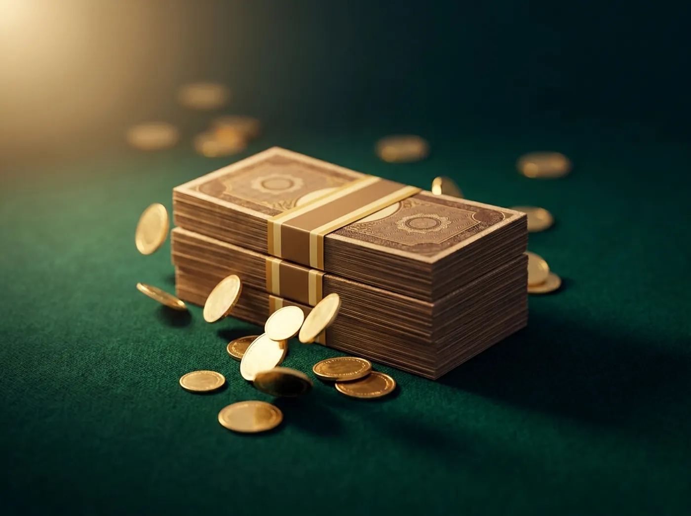 A stack of fifty-pound notes with gold coins cascading around it on green felt